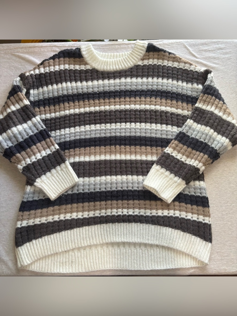SO Striped Chunky Knit Crewneck Sweater Cream Blue Tan XXL